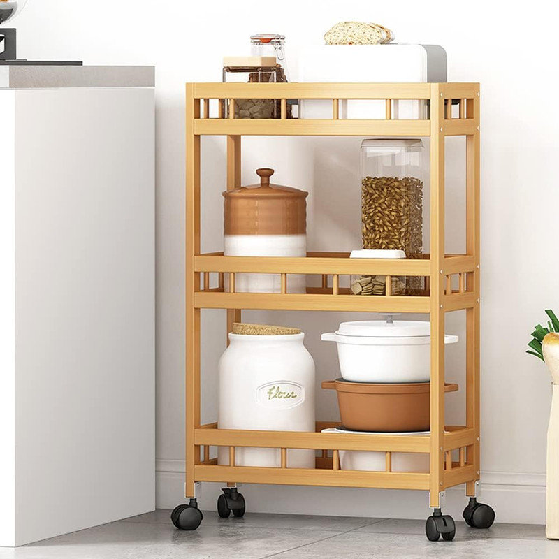 Tablette en bambou à 3 niveaux avec roulettes - Organisateur de cuisine et de rangement mobile