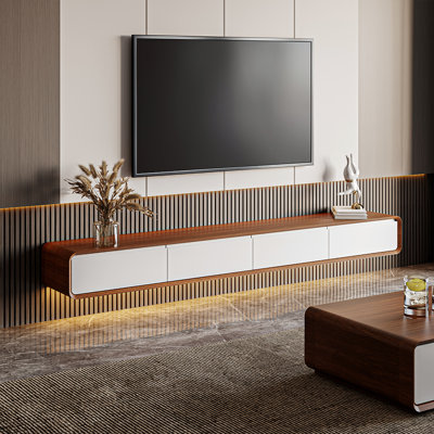 Floating TV Stand, Modern Wall-Mounted Entertainment Center with 3 Drawers, Solid Wood, Walnut Venee