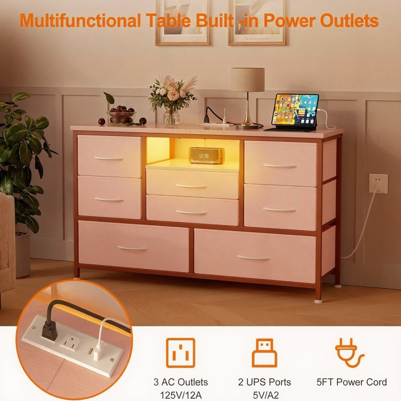 8-Drawer TV Stand, With 22 Light Modes & Power Outlet, Pink