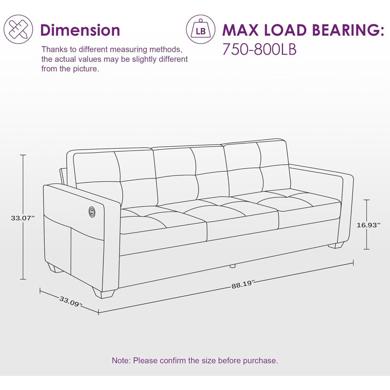 88” W Faux Leather Couch With Square Armrests, Linen - Gray
