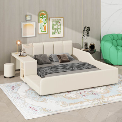 Queen-Size Upholstered Grounded Bed, Integrated Mother-Child Bed With Side Table And Mini Round Stool