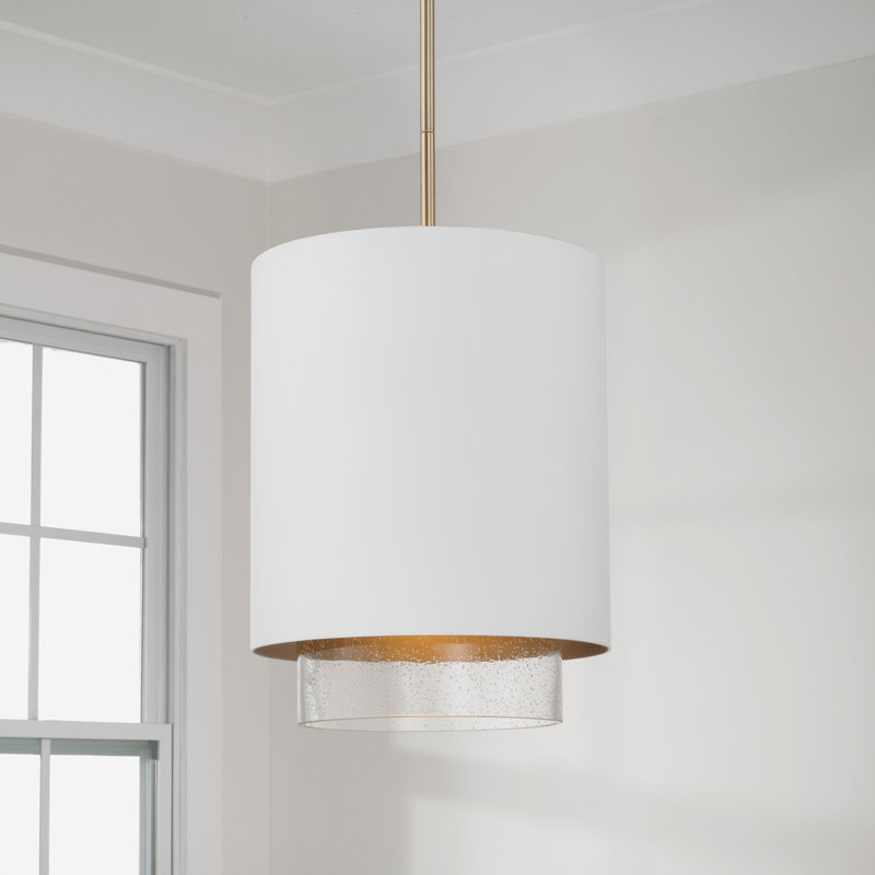 11.50"W x 19.50"H 1-Light Cylindrical Metal Pendant with Seeded Glass, Matte Brass/White