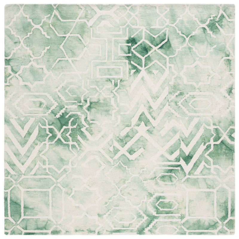 Hallette Hand Tufted Wool/Cotton Geometric Rug in Green, Square 7'