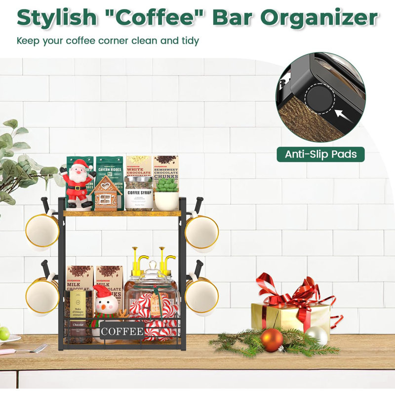 2 Tier Coffee Bar Organizer Countertop Station Shelf For Home Office, Multi-Functional Coffee Mug Cup Holder Stand, Accessory Storage Rack With 12 Hooks, Space-Saving Coffee Nook Enhancer