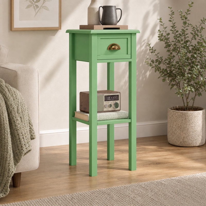 Table d'appoint étroite pour petits espaces, table de bout mince avec tiroir et tablette inférieure, gris-vert