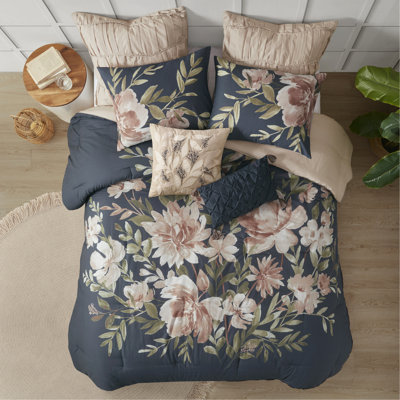 Couette 8 pièces en coton, taille King, bleu marine, motif floral, unie, taille vapeur, détails brodés, lavable à la machine