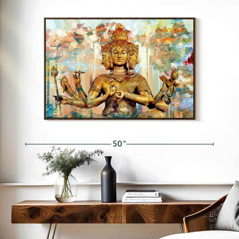 Statue de Brahma, 40 po x 27 po, Cadre flottant noyer