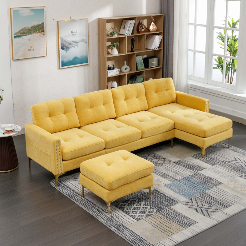 Canapé modulaire convertible en L 110 po, Velours jaune, Argent argent