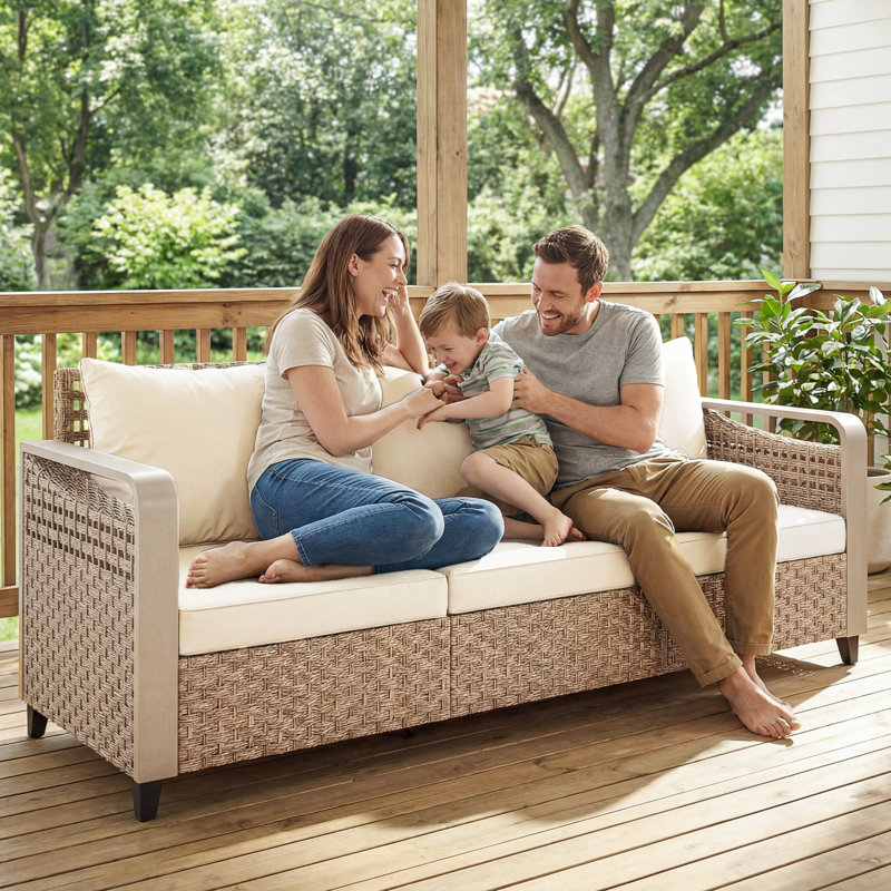Outdoor Patio Couch with Wide and Deep Seat, 3 Seater Wicker Outdoor Sofa with Wide Metal Armrests, Outdoor Patio Furniture Couch with Cushions for Porch, Garden, Backyard, Beige