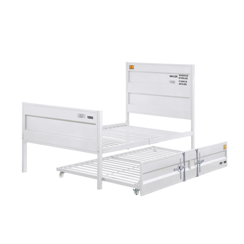 Lit plateforme double en métal blanc avec contenant de chargement, sommier non requis pour chambre à coucher d'inspiration contemporaine, économie d'espace essentielle