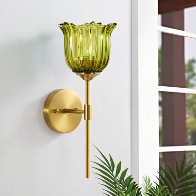1-Light Iron Armed Gold Wall Sconce With Floral Tulip Petal Green Glass Shade