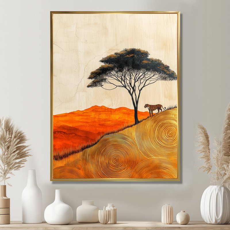 Tigre de Geriène et racines de baobab d'Afrique - tigre, art mural, H 40 po x l 30 po, Reproduction avec cadre flottant, Doré