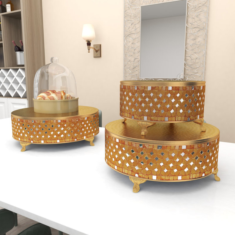 Gold Mosaic Patterned Glass and Metal Cake Stand Set of 3