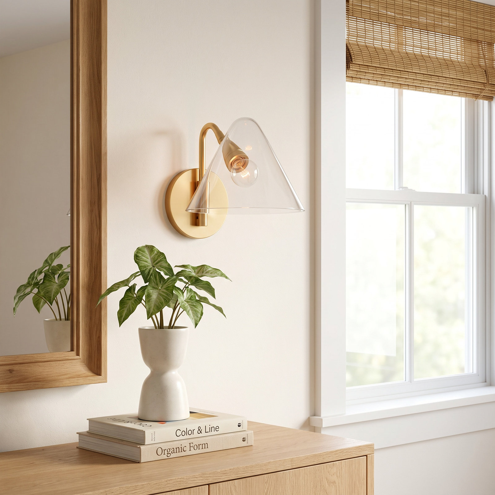 Kilby Single Light Glass Dimmable Armed Sconce, Aged Brass
