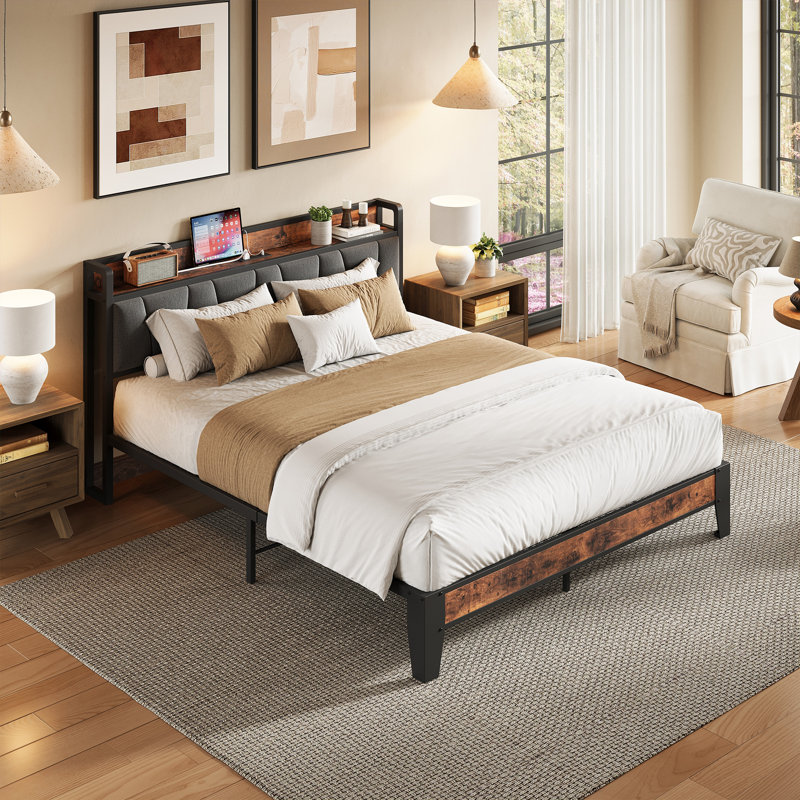 Upholstered Bed Frame with Storage Headboard and Charging Station, Solid and Stable, Noise Free, No Box Spring Needed, Easy Assembly