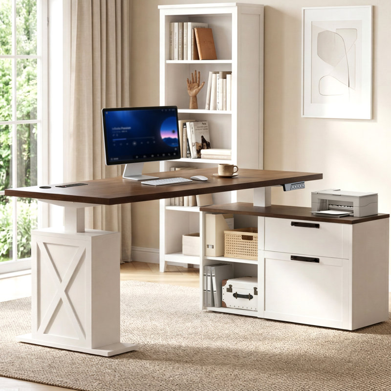 Bureau assis-debout en L de style campagnard de 170 cm avec station de recharge, bureau d'angle réglable en hauteur avec tiroirs de rangement