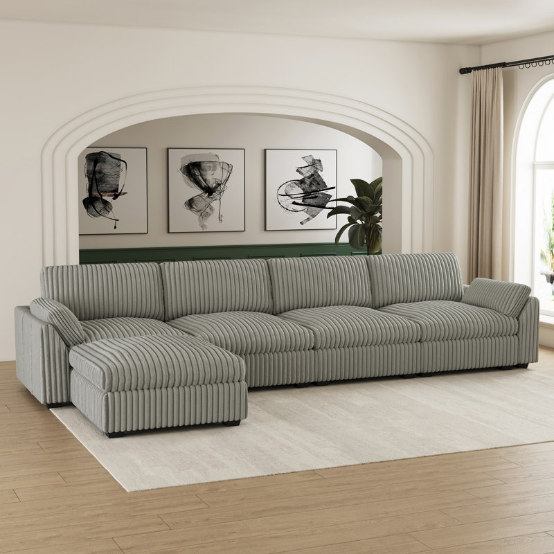Canapé modulaire en L avec repose-pieds mobile, Velours côtelé gris moelleux
