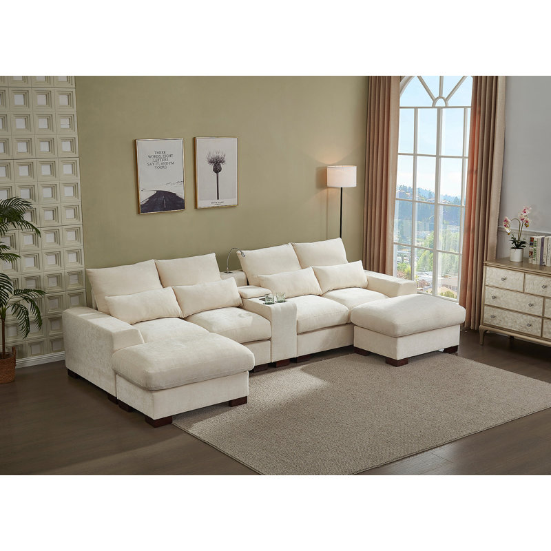Canapé modulaire moderne avec console, port de charge USB, lampe de lecture, porte-gobelet, beige, Tissu beige