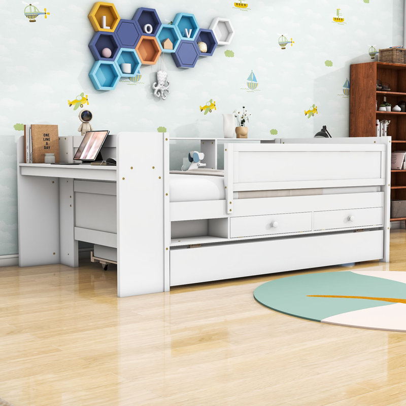 Twin Daybed with Trundle Wood with Built-in-Desk, White