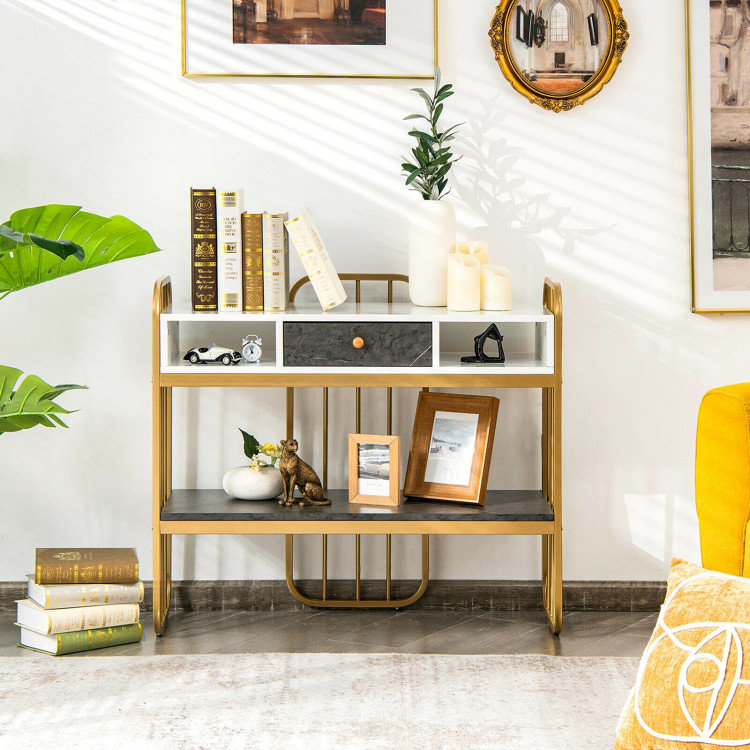 White Faux Marble and Gold Metal Console Table with Storage