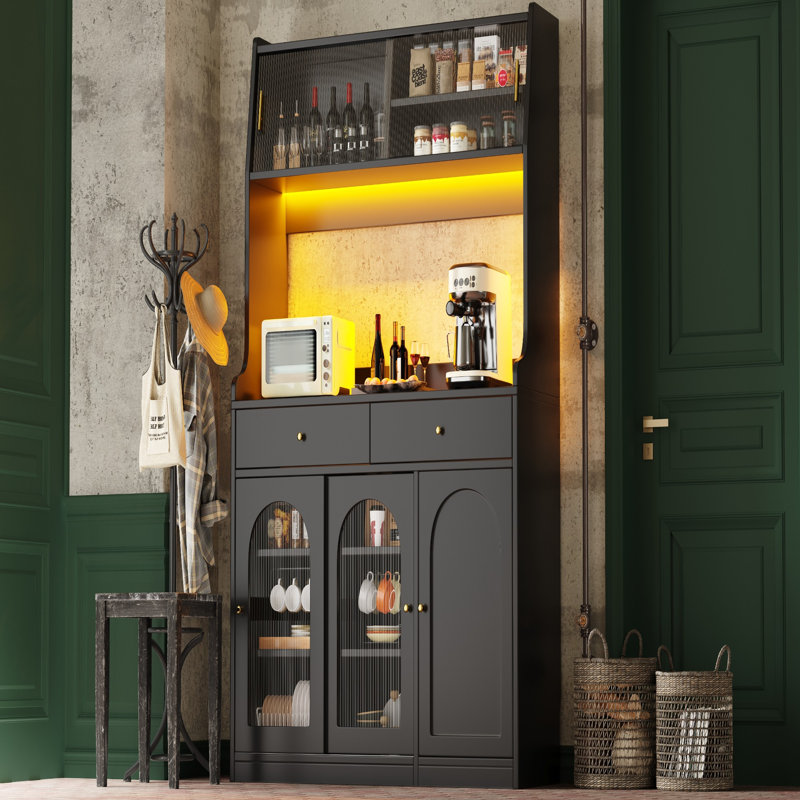 120×40×180cm Black Tall Display Buffet Cabinet with Sliding Glass Doors, App-Controlled Color-Changing LED, 2 Drawers & Adjustable Inner Shelves