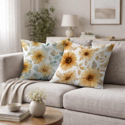 Country Farmhouse Decorative Pillow - Soft Sunflower Glow Yellow Printed Throw Pillow Set of 2