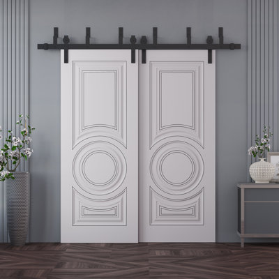 Portes coulissantes de style grange pour placard, 56 x 84 pouces, ROYAL 9855, émail blanc, rails de 6,6 pieds, quincaillerie, bois massif, portes de placard de chambre à coucher