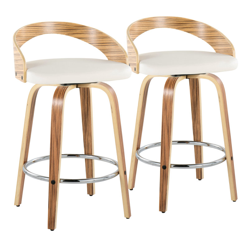 White PU and Zebra Wood Swivel Counter Stools with Chrome Footrest