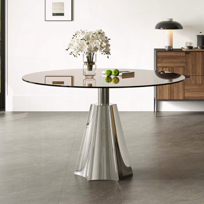 Table de salle à manger ronde en verre 35 po - plateau en verre noir avec base évasée argentée