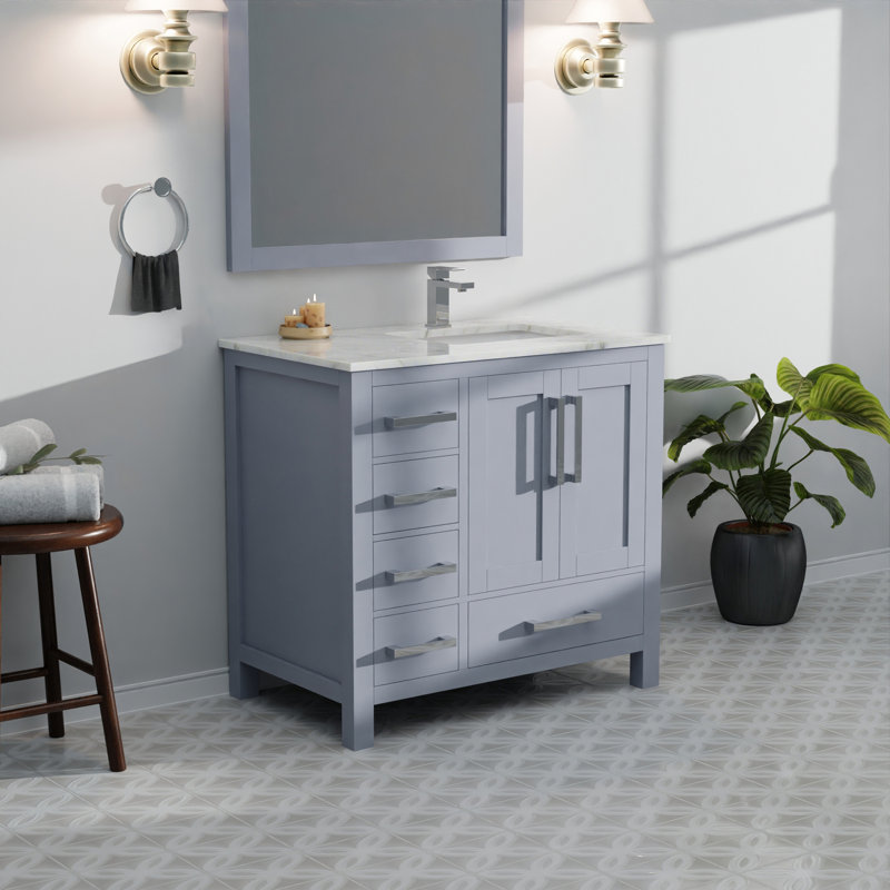 Meuble-lavabo de salle de bain avec comptoir décalé à droite et quartz blanc, Gris foncé