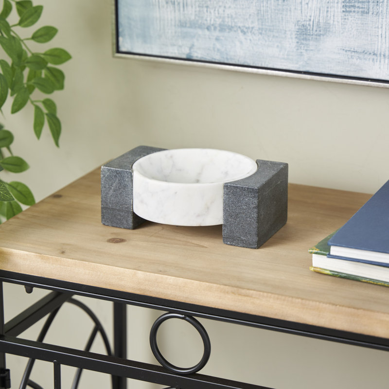 Alexy And Grey Marble Round Geometric Tray With Black Rectangular Blocks, 3.1" H x 8.05" W x 5.9" D