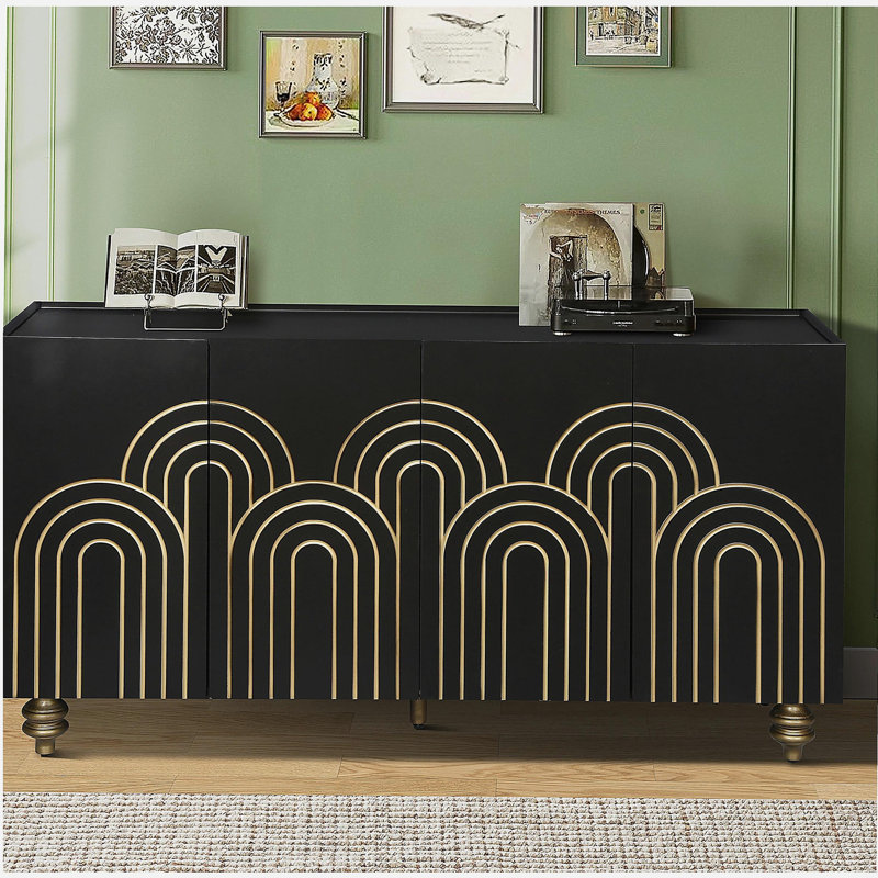 Modern Fluted Sideboard Buffet with Storage, Curve Element with Strict Lines, 4 Doors Storage Cabinet with Adjustable Shelves for Kitchen, Dining Room, Living Room (Black)