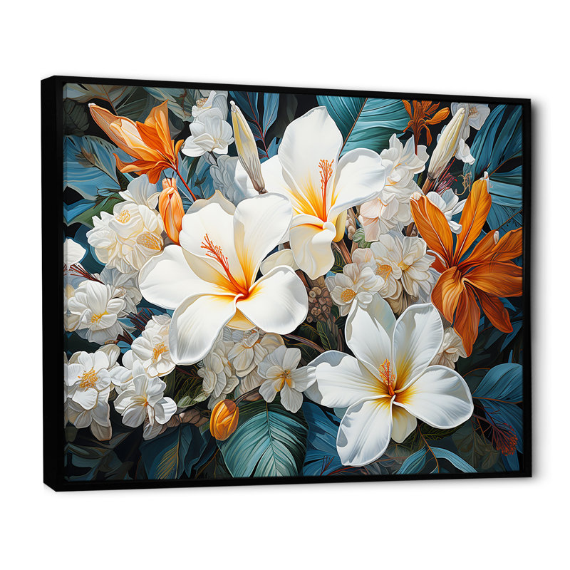 Fleur de plumeria beige et blanche, H 16 po x l 32 po x P 1 po, Cadre flottant noir