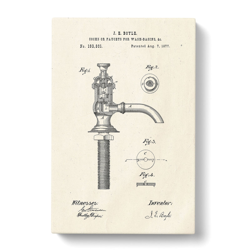 Water Faucet Tap Patent - Wrapped Canvas, 60cm H x 40cm W x 3cm D