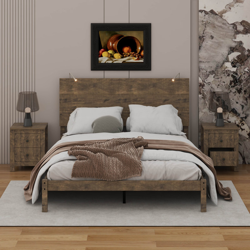 Ensemble de chambre à coucher 3 pièces, lit plateforme avec 2 lumières et 2 tables de chevet, Grand lit