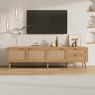 Meuble télé 70 po avec portes en rotin, console multimédia avec rangement, 2 tiroirs et trous pour câbles pour le divertissement dans le salon