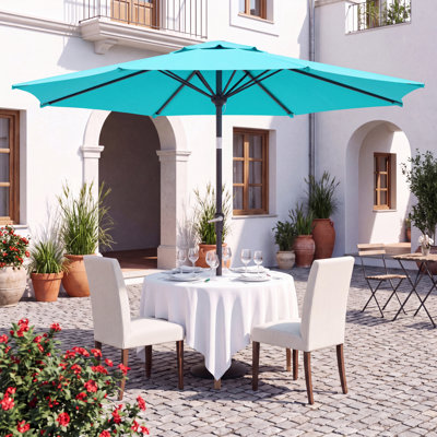 9' Outdoor Umbrella with Sky Blue Polyester Fabric, Patio Umbrella with Steel Ribs Market Table Umbrella with Push Button Tilt and Crank UV Protection Waterproof