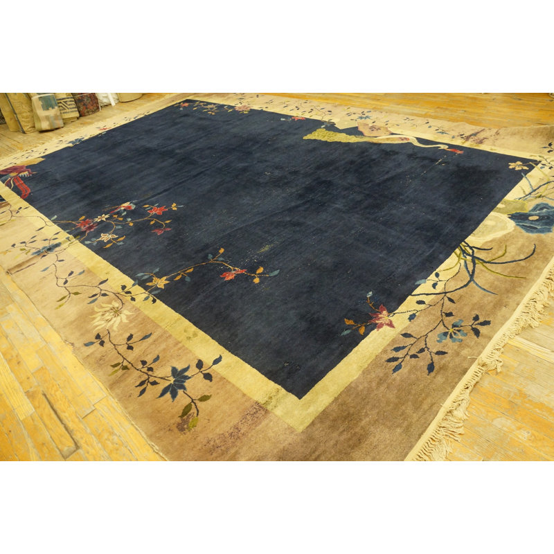 Tapis bleu antique en laine Art Deco