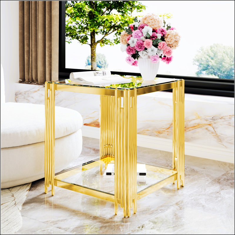 Table de bout moderne à miroir noir avec structure asymétrique en métal, tablette inférieure pour le salon, 19,9 po