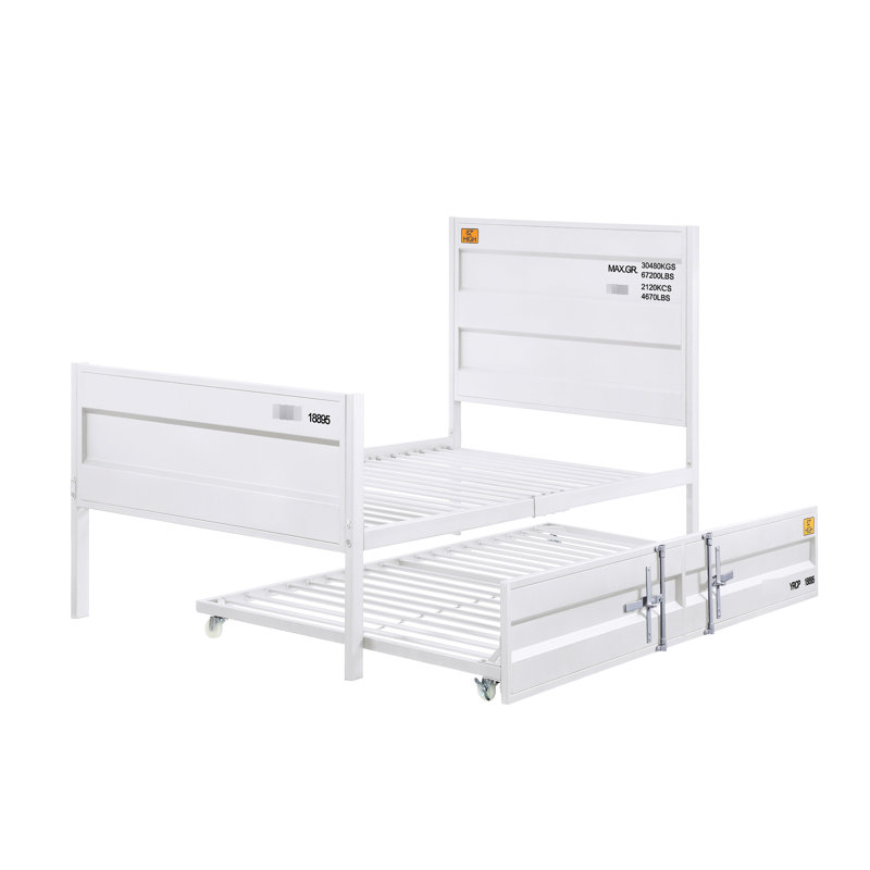 Lit double contemporain en métal blanc, inspiré d'un contenant de chargement, sommier non indispensable pour économiser de l'espace dans la chambre à coucher