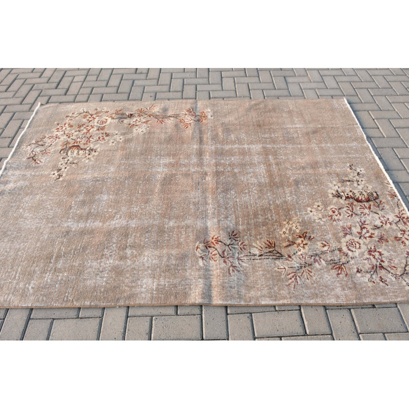 Anatolian Inspired Turkish Wool Rug with Floral Design for Living Room Floor Decor and Home Aesthetics in Brown