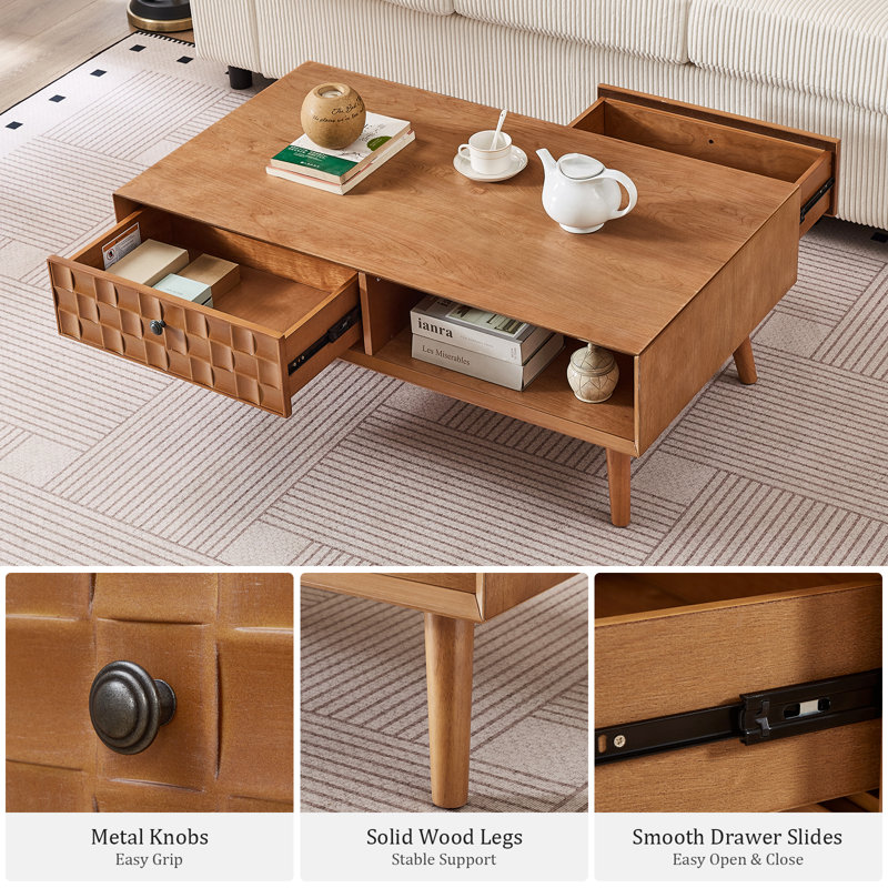 Mid-Century Coffee Table with Storage, Wood Living Room Table with Drawer and Open Shelf