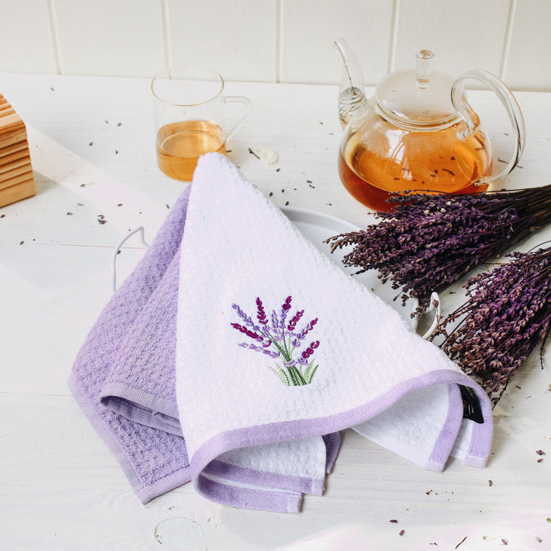Ensemble de 2 essuie-tout 100% coton - Linge à vaisselle doux et absorbant pour la cuisson, le séchage et le nettoyage - Linge de cuisine durable - Motif de fleurs de lavande