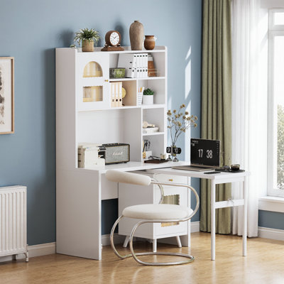 Bureau d'ordinateur de 43 po avec bureau rotatif à 90 °, bureau avec tiroir de rangement, armoires et tablettes à porte en verre, bureau de jeu et d'écriture pour bureau à domicile, salle d'étude, chambre à coucher