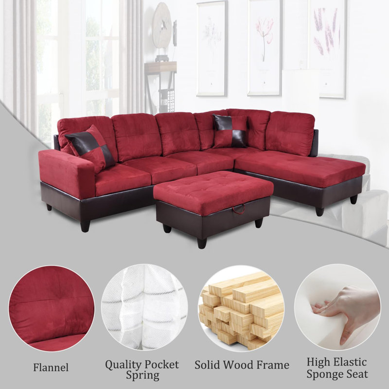 3-Piece Flannel  Sectional Sofa, Right Hand Facing, Red
