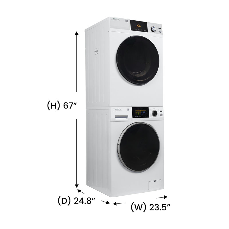 Équateur standard empilable Ew 835 18 lb laveuse 1,9 pi3 + Ed 870 dl sécheuse à capteur ventilé 4 pi³ prise simple 110 V