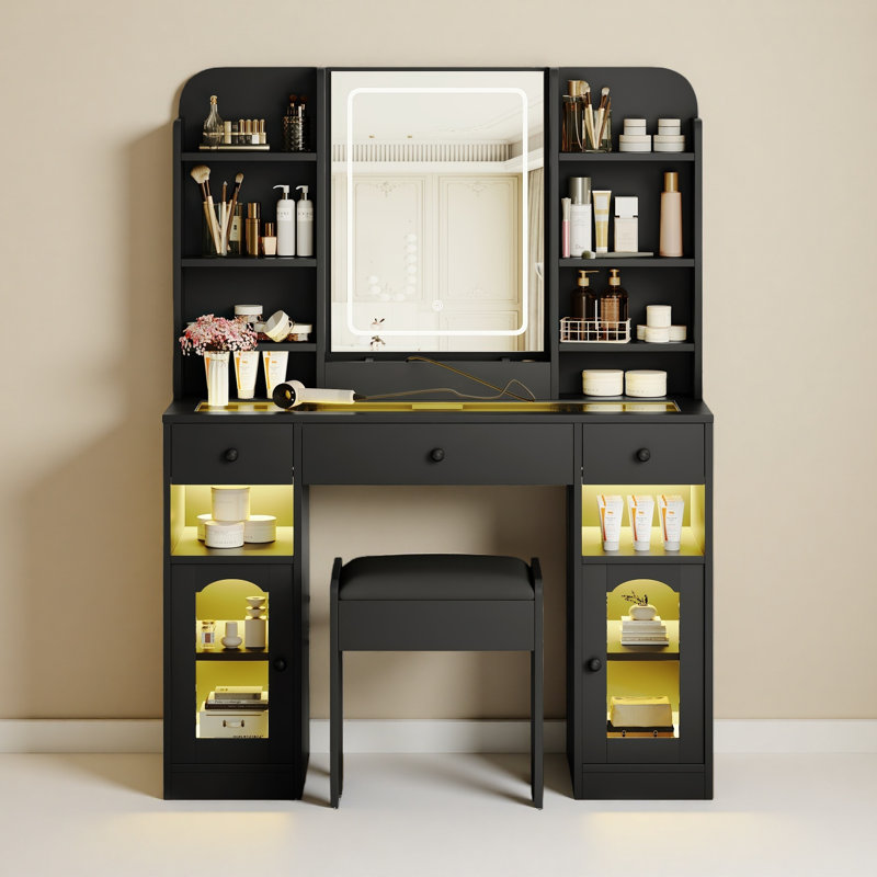 Bureau de meuble-lavabo 43,2 po avec miroir à DEL et lumières, meuble-lavabo à plateau en verre avec armoires lumineuses en verre RVB, coiffeuse à 3 tiroirs