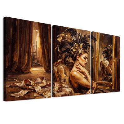 Femme à la coiffe de plumes dans une pièce dorée - Ensemble de 3 toiles murales
