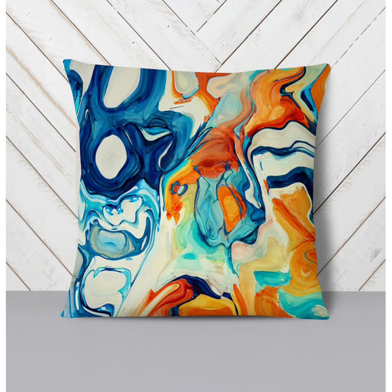 Throw Pillow With Insert, 16"H x 16"W, Blue/Orange Abstract 4