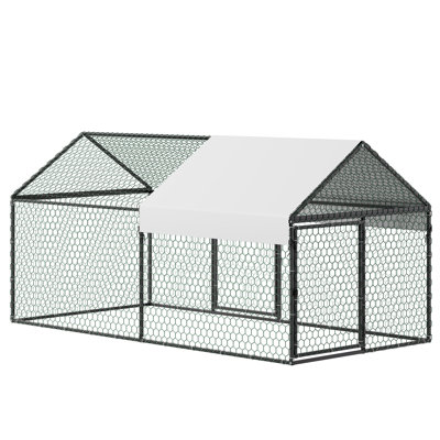 Metal Chicken Coop for 4-6 Chickens, 3.3 x 6.6 x 3.3 ft, Small Chicken Cage with Waterproof Cover & Double Doors, Spire Roof Poultry Run Compatible with Wooden Coops, for Rabbit Hen Goose Duck